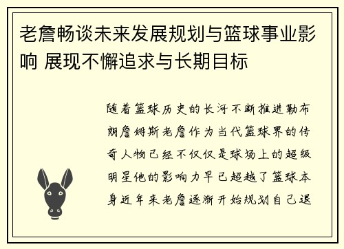 老詹畅谈未来发展规划与篮球事业影响 展现不懈追求与长期目标