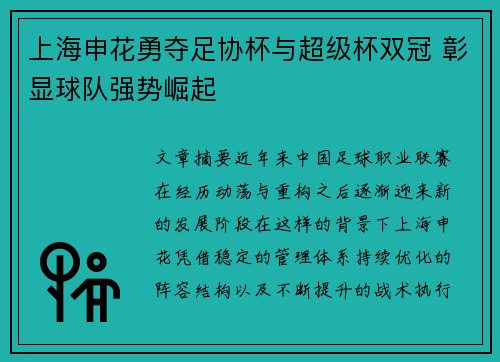 上海申花勇夺足协杯与超级杯双冠 彰显球队强势崛起 上海申花勇夺足协杯与超级杯双冠 彰显球队强势崛起