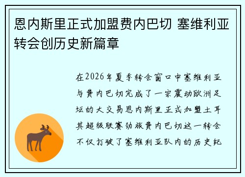 恩内斯里正式加盟费内巴切 塞维利亚转会创历史新篇章 恩内斯里正式加盟费内巴切 塞维利亚转会创历史新篇章